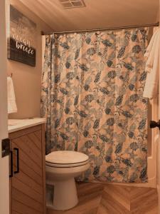 a bathroom with a toilet and a shower curtain at Newly Renovated St Augustine Beach & Tennis Club 2bed 2bath Condo w Oceanview in Saint Augustine