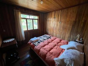 a bedroom with a bed in a wooden room at Schütze-Haus in Oxapampa