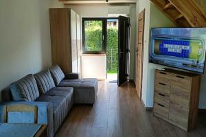 un soggiorno con divano e TV a schermo piatto di New, comfortable holiday home by the sea a Lędzin