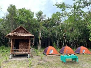 a group of tents in a field with a table at Chansor Homestay 3 By Siem Reap Homesteading in Phumĭ Trach Pôk (2)