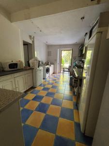 Cambounet-sur-le-SorChâteau Belle au Bois Dormant的铺着蓝黄格子地板的厨房