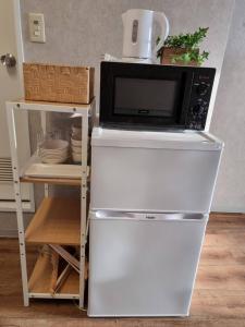 a microwave oven sitting on top of a refrigerator at 南海難波駅徒歩1分 in Osaka