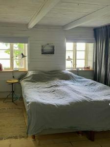 a large bed in a bedroom with two windows at Renovated Scanian Farmhouse With Two Studios in Skåne-Tranås