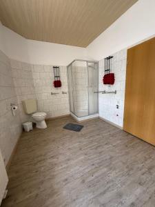 an empty bathroom with a toilet and a shower at Ferienwohnung zum Klosterhof 