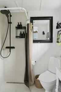 a bathroom with a shower and a toilet and a mirror at Holiday Home With Wild Garden Near Øster Hurup in Hadsund
