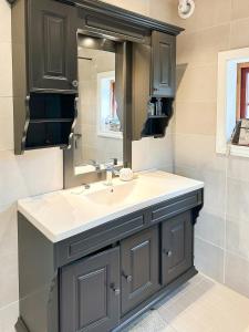 a bathroom with a sink and a mirror at Family Cabin With Charm in Mesnali