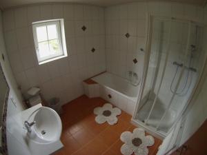 a bathroom with a toilet and a shower and a sink at Haus Ebner Johann in Hintersee