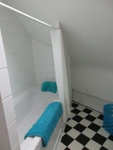 La salle de bains est pourvue d'une baignoire et d'une serviette bleue. dans l'établissement Gwenhadu, à Paimpol