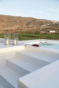 dos copas de vino sentadas en la parte superior de una piscina en Vino Houses, en Oia