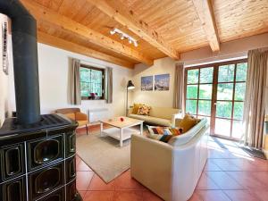 a living room with a stove and a couch at Mountains Family Retreat in Rudník +32 photos