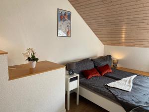 a small room with a couch and a table at Duplex avec vue lac et montagnes in Montreux