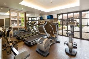 une salle de sport avec plusieurs tapis de course et machines elliptiques dans l'établissement Hotel Restaurant De l'Illwald, à Sélestat