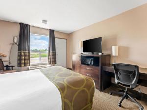 a hotel room with a bed and a desk and a tv at Super 8 by Wyndham Meadow Lake in Meadow Lake