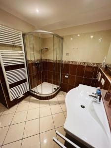 a bathroom with a shower and a sink and a toilet at Baltic Nr. 26 in Scharbeutz