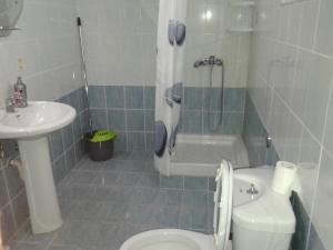 een badkamer met een douche, een toilet en een wastafel bij Villa Dallas in Vourvourou