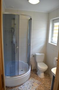 a bathroom with a tub and a toilet and a shower at Anida Rusinowo in Rusinowo