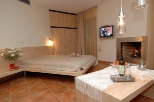 a bedroom with a bed and a fireplace at Safetis Stories in Díon