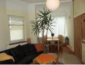 a living room with a couch and a palm tree at Ferienwohnung Regina in Zinnowitz +6 photos