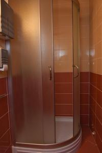 a shower with a glass door in a bathroom at Bistro Kristina in Perušić