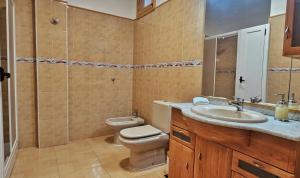 a bathroom with a toilet and a sink and a shower at Alojamiento La Alameda in La Aldea de San Nicolas +42 photos