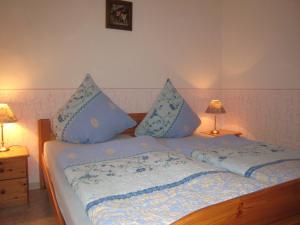 a bedroom with a bed with blue pillows on it at Charming Apartment in Morbach Germany with Terrace in Thalfang +20 photos