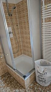 a shower stall in a bathroom with a bucket at Ferienwohnung Am Pfaffenberg in Weilmünster
