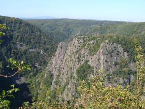 a view of a rocky mountain with trees at Bright apartment in Thale with terrace in Thale