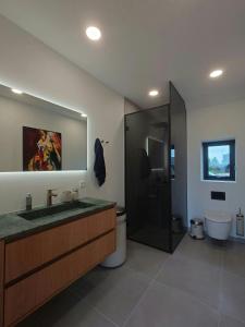 a bathroom with a sink and a shower and a toilet at Modern Villa By Ballen Marina On Samsø in Ballen