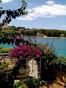 a view of a body of water with pink flowers at Apartment Zora in Nečujam