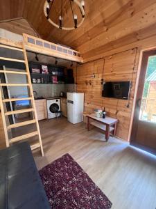 a living room with a bunk bed and a table at Eco Cottages Borjomi in Borjomi +23 photos