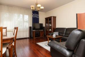 un soggiorno con divano in pelle nera e TV di Apartament Kraków & Cracow Apartment 70m2 a Skorka