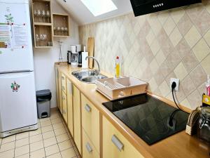 a small kitchen with a sink and a refrigerator at Comfortable house with private pool, Kolczewo in Kołczewo