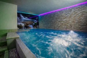 a large indoor swimming pool in a brick wall at Olympic regina hotel in Pinzolo