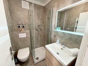 ein Badezimmer mit Dusche, Toilette und Waschbecken in der Unterkunft Cozy Studioapartment in Würzburg