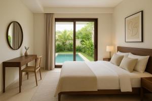a bedroom with a bed and a desk and a pool at Rods Homestay Jember in Wirolegi +2 photos