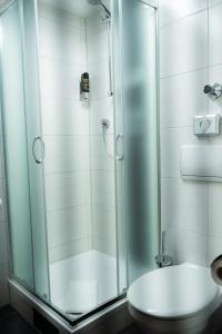 a shower with a glass door next to a toilet at Hotel und Restaurant Rosenkranz in Markranstädt +40 photos