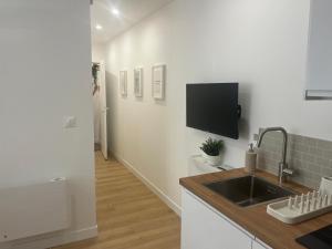 a kitchen with a sink and a tv on the wall at Mallorca, plein centre avec parking in Reims