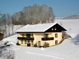 a house with a snow covered roof in the snow at Ferienwohnung in Drachselsried für 2 Personen in Drachselsried