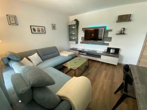 a living room with a blue couch and a tv at Ferienwohnung in Drachselsried für 2 Personen in Drachselsried +26 photos