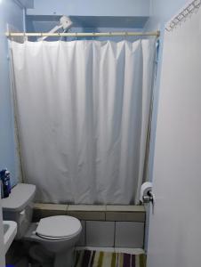 a bathroom with a toilet and a shower curtain at Country Vibe 2 bedroom apartment in Vieux Fort +18 photos