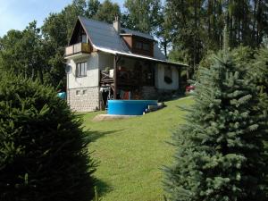 a house with a christmas tree in front of it at Mountain Retreat with Pool in Hnanice