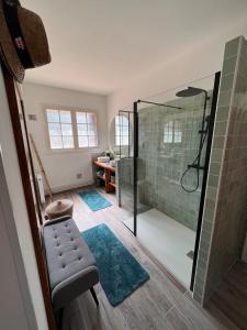 Saint-Hilaire-de-CourtにあるLe Poirier au Roi, Villa avec Piscine, Jacuzzi, Parc, Etang et calmeのバスルーム(ガラス張りのシャワーブース付)