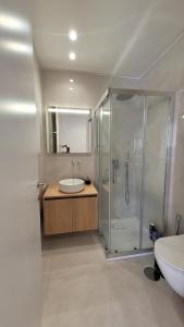 Un baño con ducha, lavabo e inodoro. en DelMar WaterFront DL, en Olhão