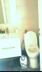 a bathroom with a white toilet and a sink at Thalassa View c2 in Khalkoútsion