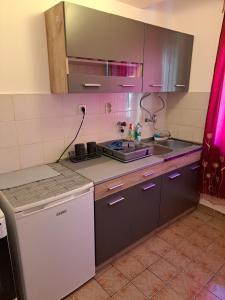 ポドゴリツァにあるSunrise 2のキッチン(紫色のキャビネット、シンク付)