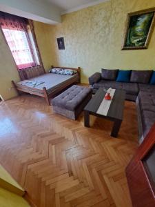 ポドゴリツァにあるSunrise 2のソファとテーブルのあるリビングルーム