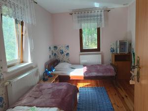 a bedroom with two beds and a tv in it at Noclegi, Pokoje Gościnne, Wyżywienie, Catering, AGRO ELA in Wydmusy