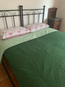 a bed with a green comforter and two pillows at La casa di Ana in Cunico