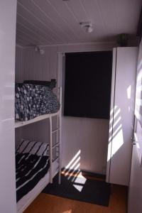 een slaapkamer met een stapelbed en een televisie bij Kleines Haus Mit Garten, Direkt Hinter Dem Deich in Baarland +13 foto's