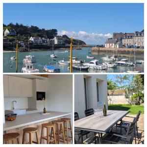 a collage of photos of a kitchen and a harbor at Maison Dahouët en bord de mer- Grand Jardin clos in Pléneuf-Val-André